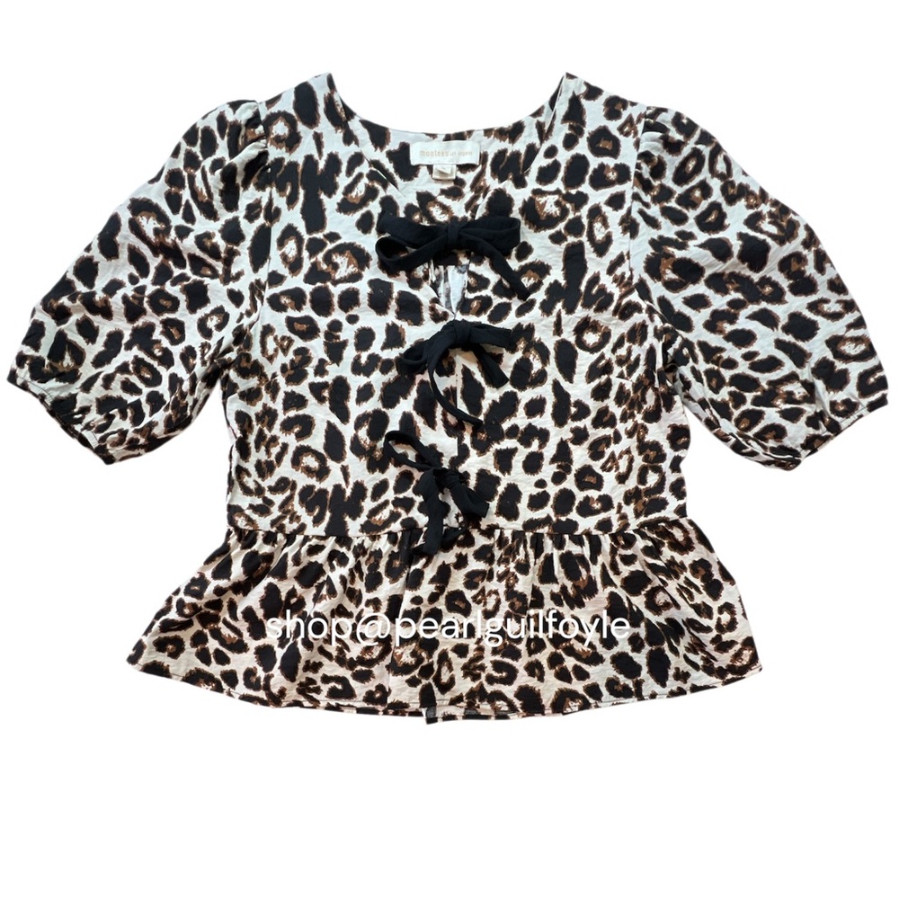 Monteau Los Angeles Leopard Print Blouse with Bow Accents